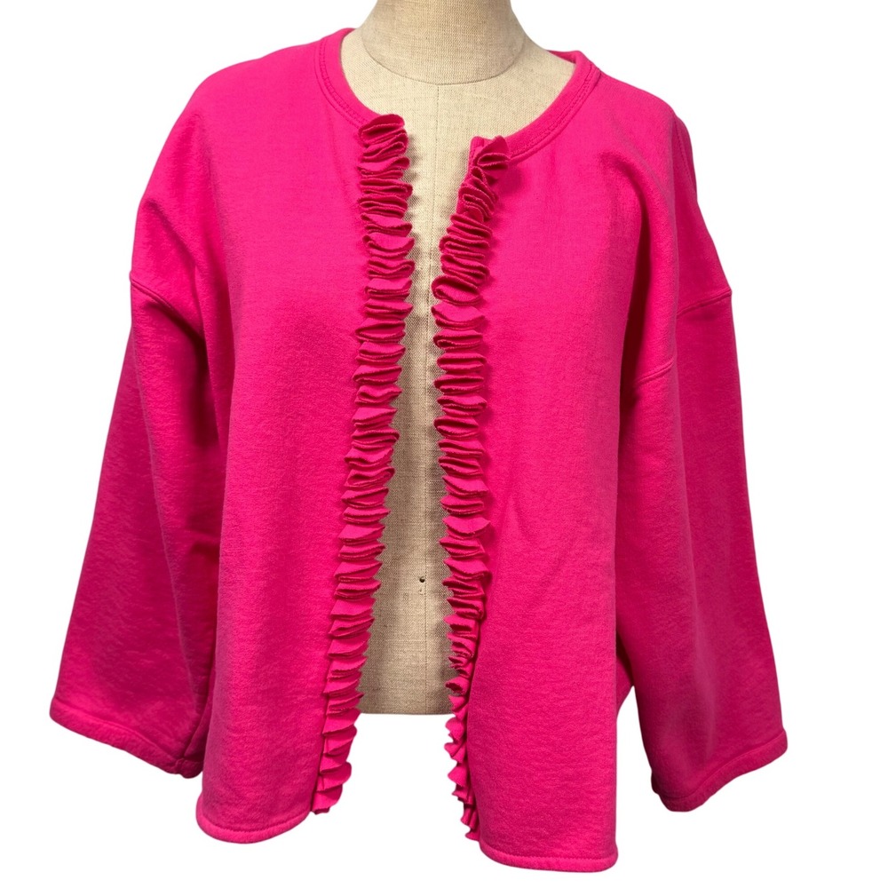 VTG 90s Hot‎ Pink Ruffle Open Front Sweatshirt Cardigan Women L Coastal Grandma